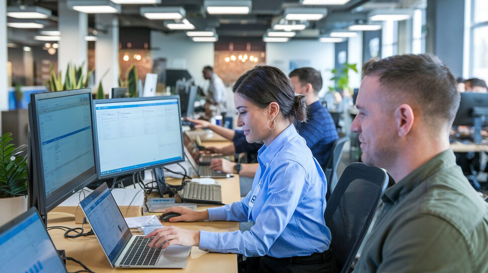 Empleados utilizando software para la gestión digital de la cadena de suministro eficiente