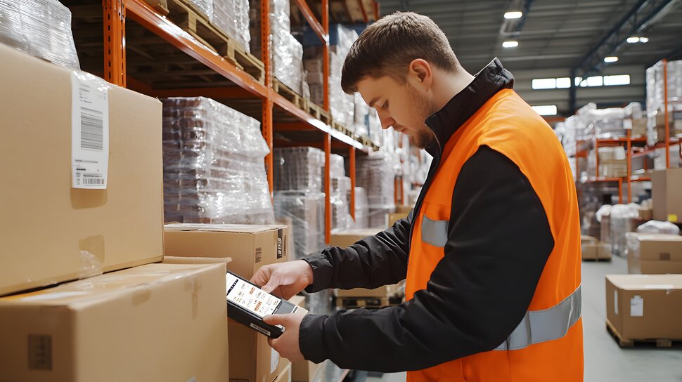 Trabajador revisando inventario en almacén como parte de una cadena de suministro eficiente