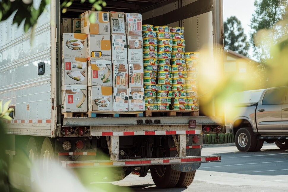Camión cargado con cajas de alimentos gestionado por TMS