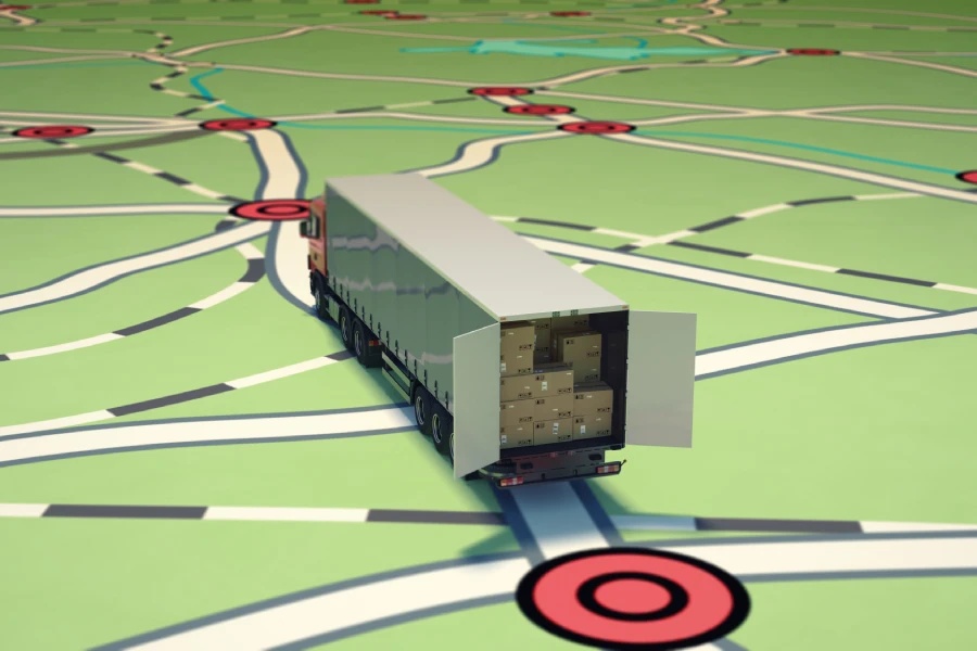 Camión de carga en un mapa de rutas logísticas, representando la distribución de última milla con paquetes en su interior