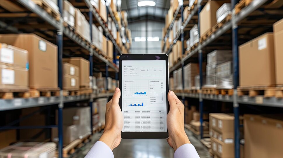 Trabajador en almacén usando TMS para gestionar datos